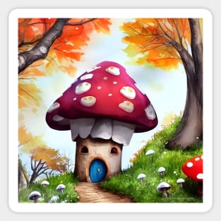 Cute and Cozy Cabin in the Autumn Woods in the shape of a Mushroom Sticker